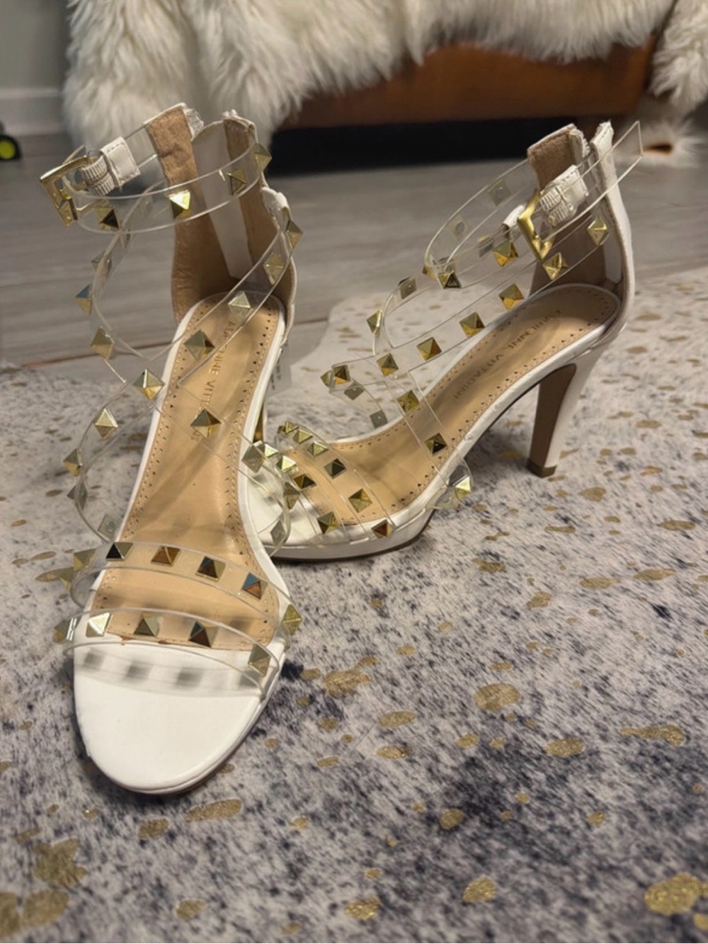Clear Strap Studded Heeled Sandals in White